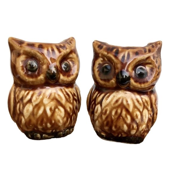 Vtg MCM 70s Ceramic Owl Toothpick Holder Set 2” Figurine Japan Woodland Decor - Picture 1 of 5